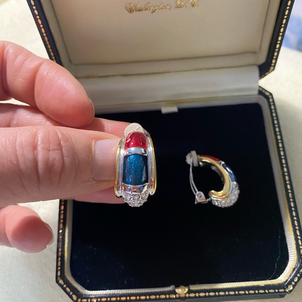 Gorgeous Ann Hand Patriotic USA Red, White & Blue Clip-On Earrings with Box